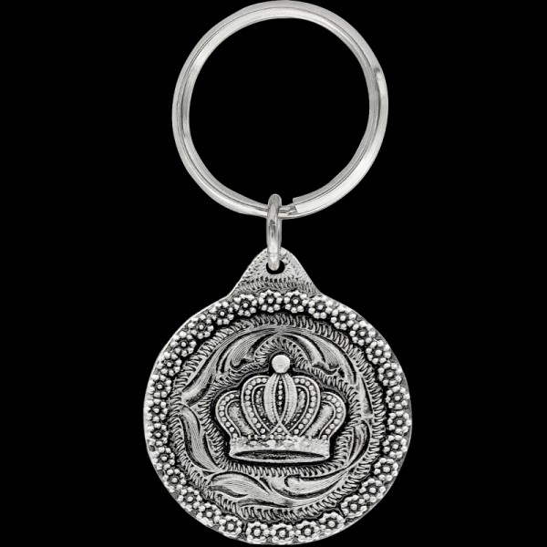 Rodeo Queen Keychain, A Rodeo Queen needs her crown! This item includes a detailed berry border, a 3D crown figure, and a key ring attachment.  



Each silver keychain
